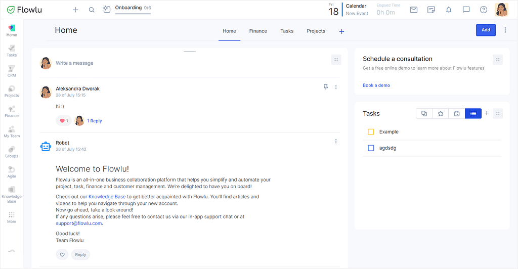 Flowlu's customizable dashboard