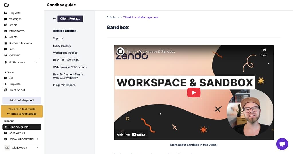 sandbox with training resources for testing client portal organization