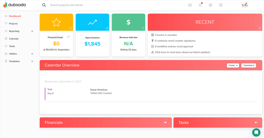 Studio Ninja vs Dubsado: Dubsado's dashboard