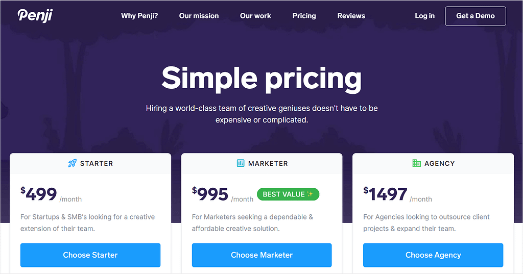 Screenshot of Penji's pricing with three different membership options.