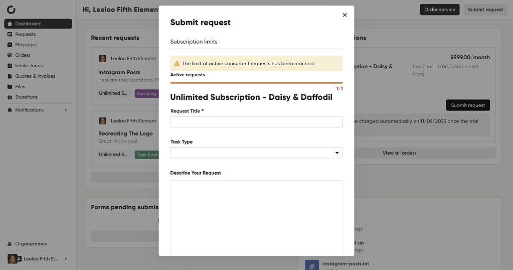 self service portal - submitting request