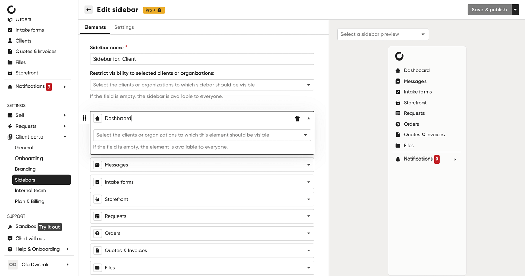 editing sidebar in client portal to personalize user experience