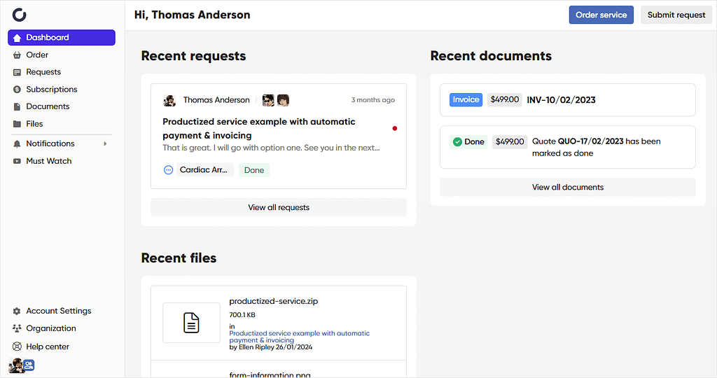 Screenshot of Client Dashboard in Zendo, an agency client management software.