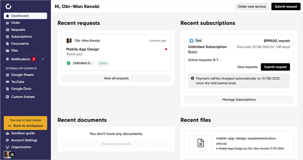 Screenshot of personalized Client Dashboard in Zendo.