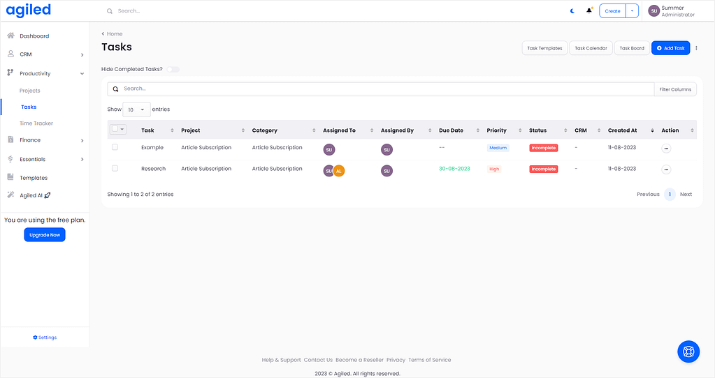 Task management in Agiled with table view