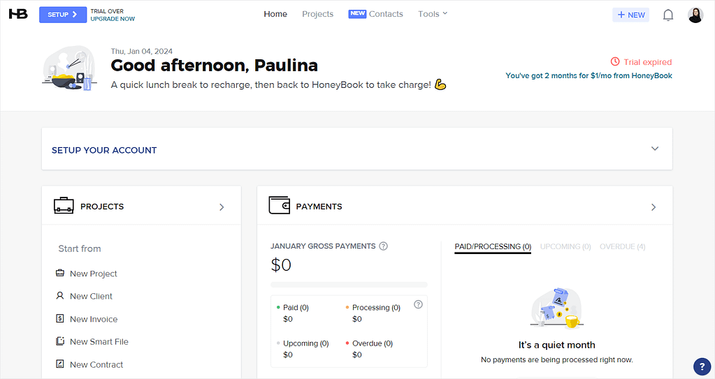 Screenshot of HoneyBook's dashboard.