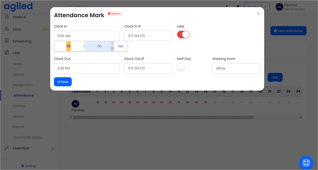 Screenshot of Agiled's team page with attendance settings.