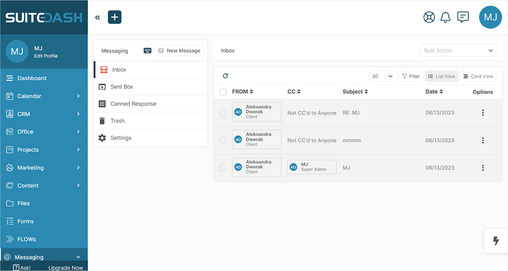 Screenshot of SuiteDash's messaging feature.