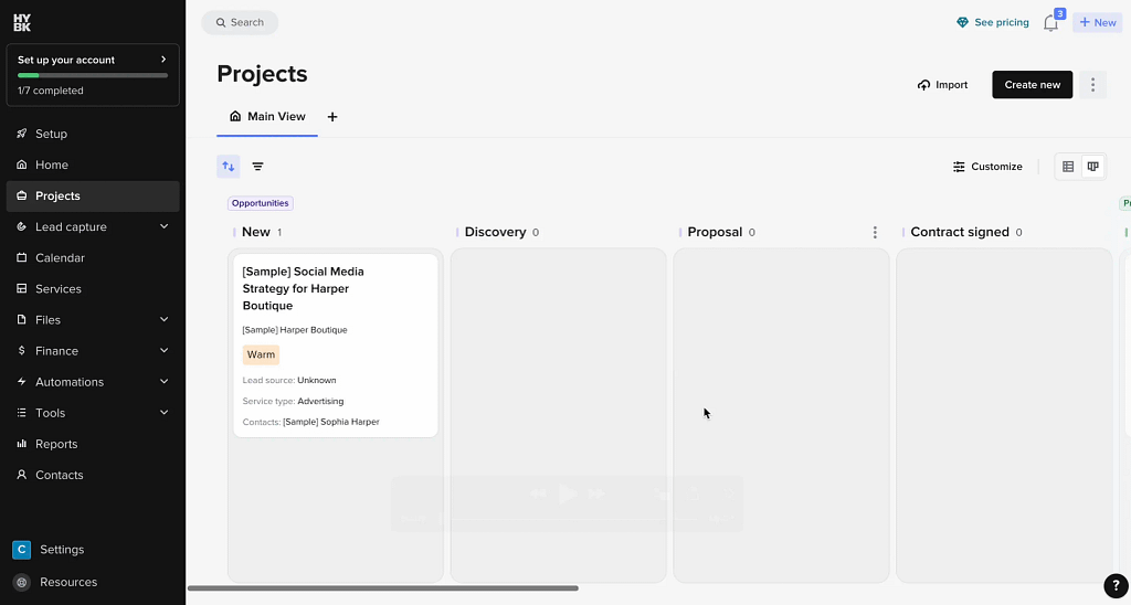 projects dashboard in honeybook