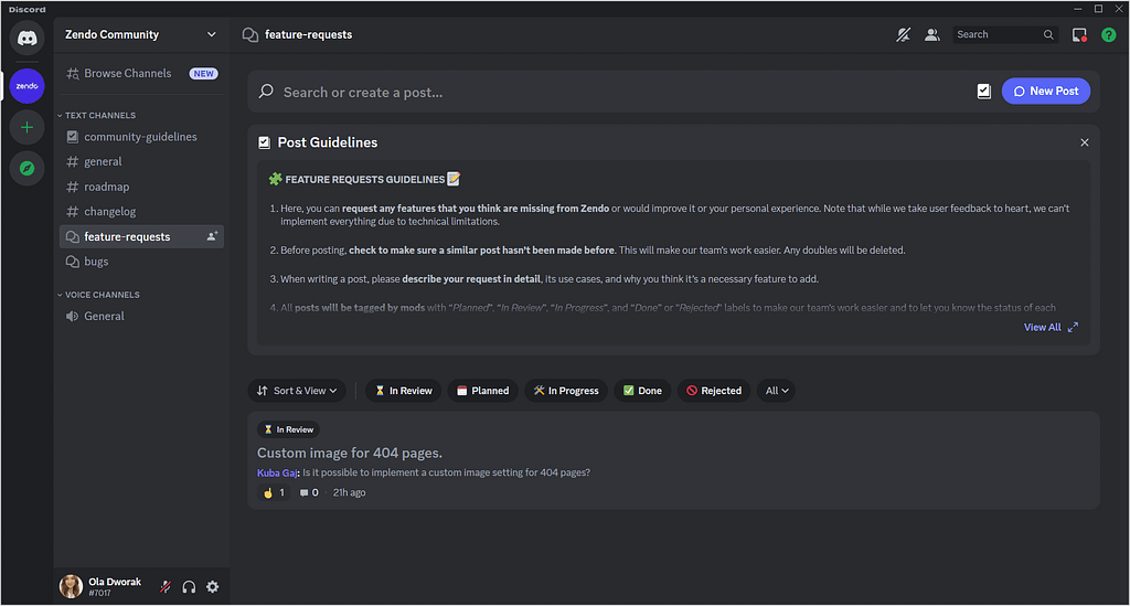 submitting a feature request in Zendo's Discord community