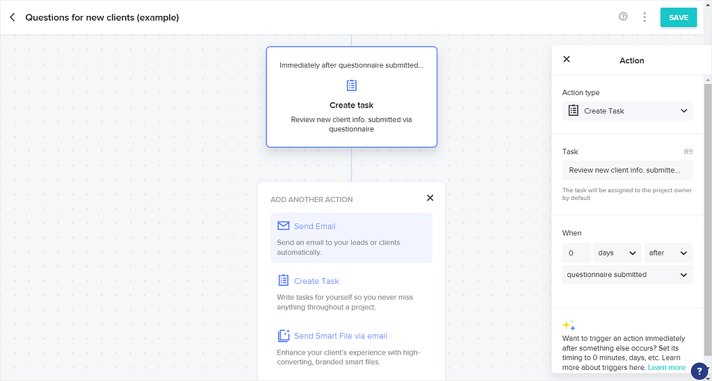 Screenshot of HoneyBook's automation page.
