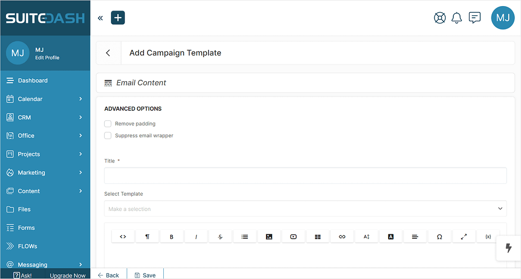 Screenshot of SuiteDash's marketing page with campaigns.