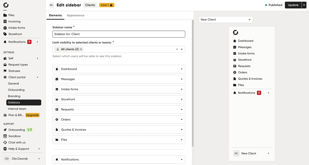 siderbar personalization in client portal