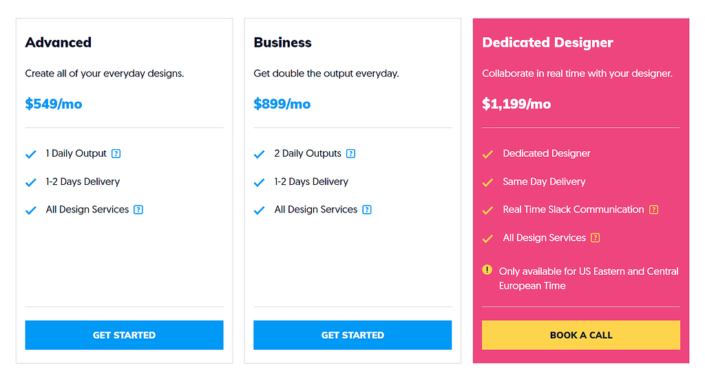 Productized Service Graphic Design example: ManyPixels offers three plans: Advanced ($549/mo), Business ($899/mo), and Dedicated Designer ($1,199/mo). The Advanced plan comes with 1 daily output, 1-2 days delivery, and all design services. The Business plan is the same, but with 2 daily outputs. In the Dedicated Designer plan you can expect same day delivery, real time slack communication, and a dedicated designer along with all design services.