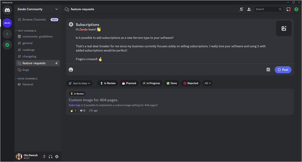 Zendo's Discord community: feature requests forum