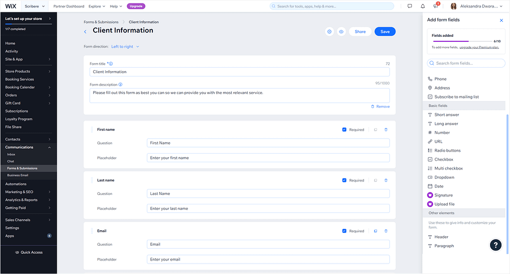 wix ascend pricing: forms example