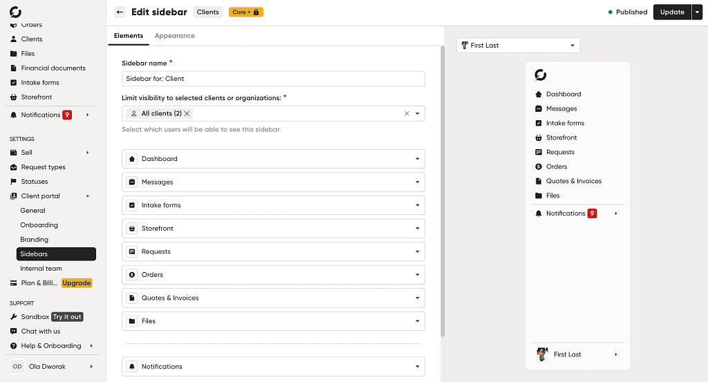 client portal sidebar
