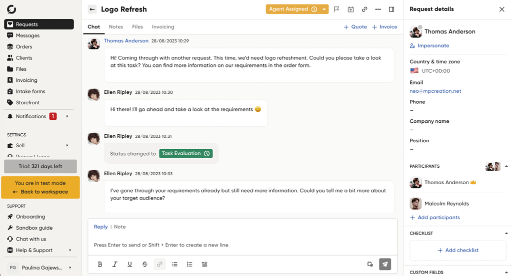 client in-app communication thread