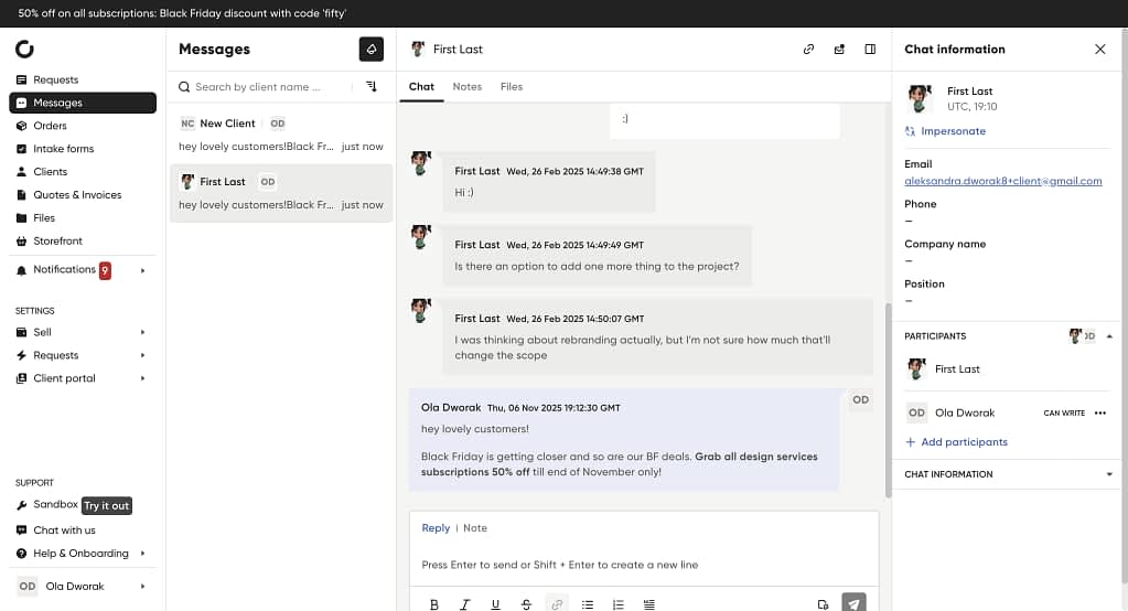 client interactions in a portal with chat