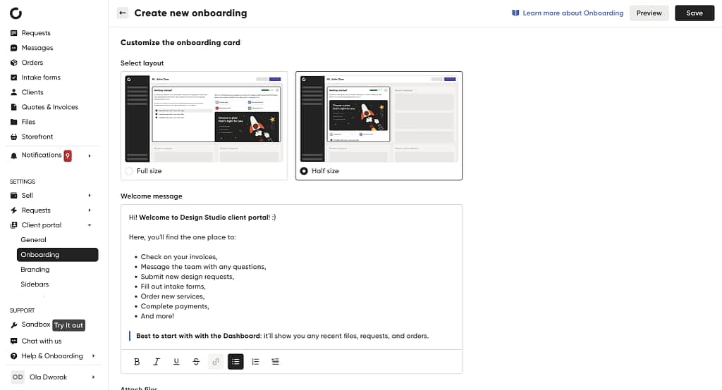 managing onboarding workflow in Zendo client portal