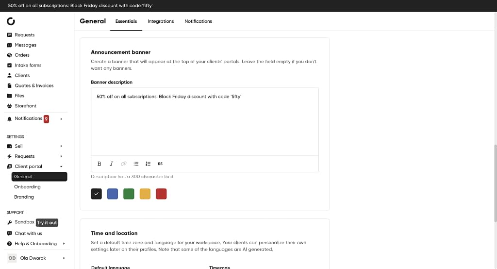 custom client portal banner configuration