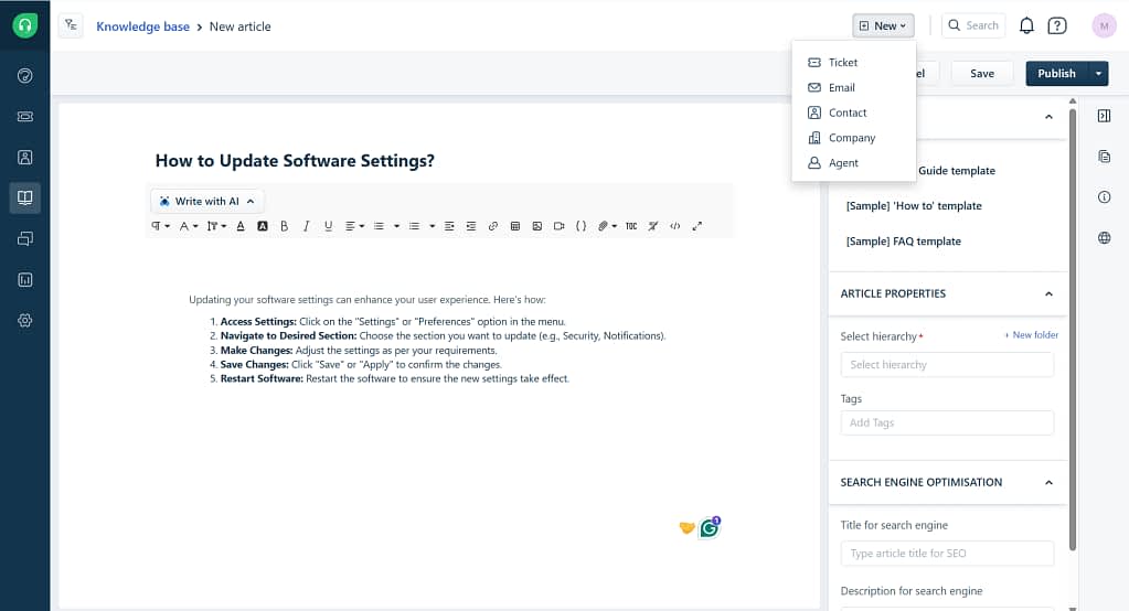 creating knowledge base articles and support resources in Freshdesk