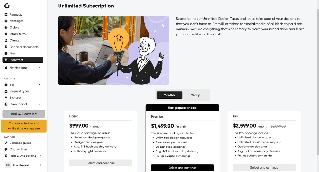 selling services online with pricing tiers