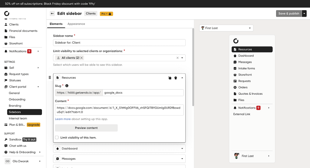 sidebar configurtion in client portal