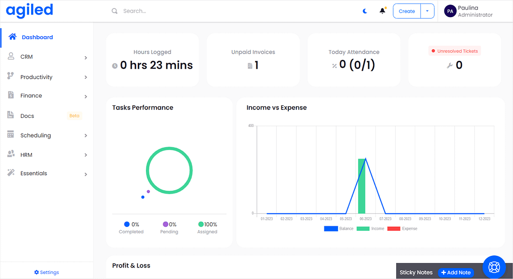 Screenshot of Agiled's dashboard.