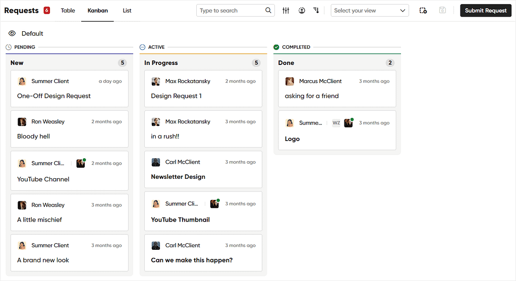 Kanban board in Zendo shows the submitted requests in a helicopter view, offering the possibility to easily move them from board to board, status to status