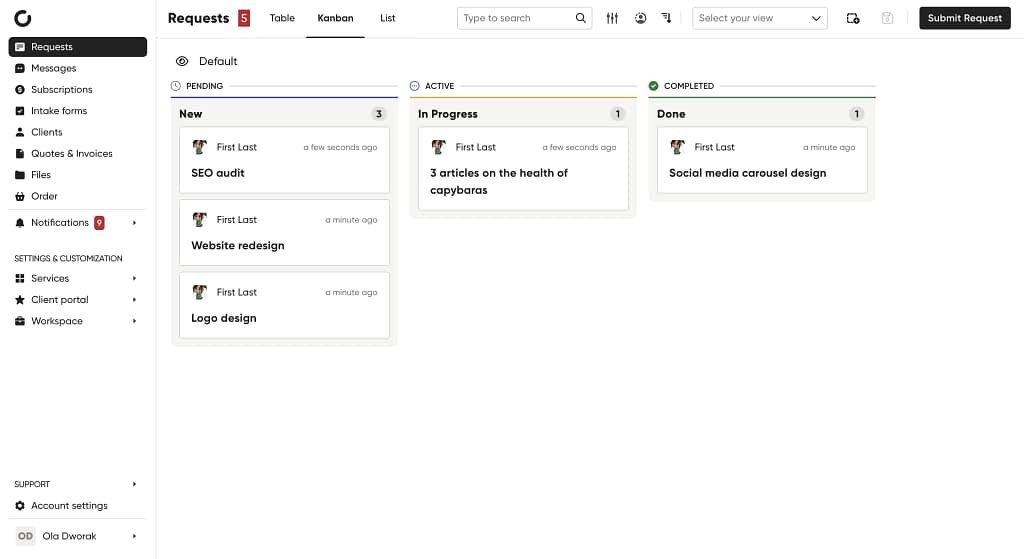 kanban view in client portal app for strategic planning