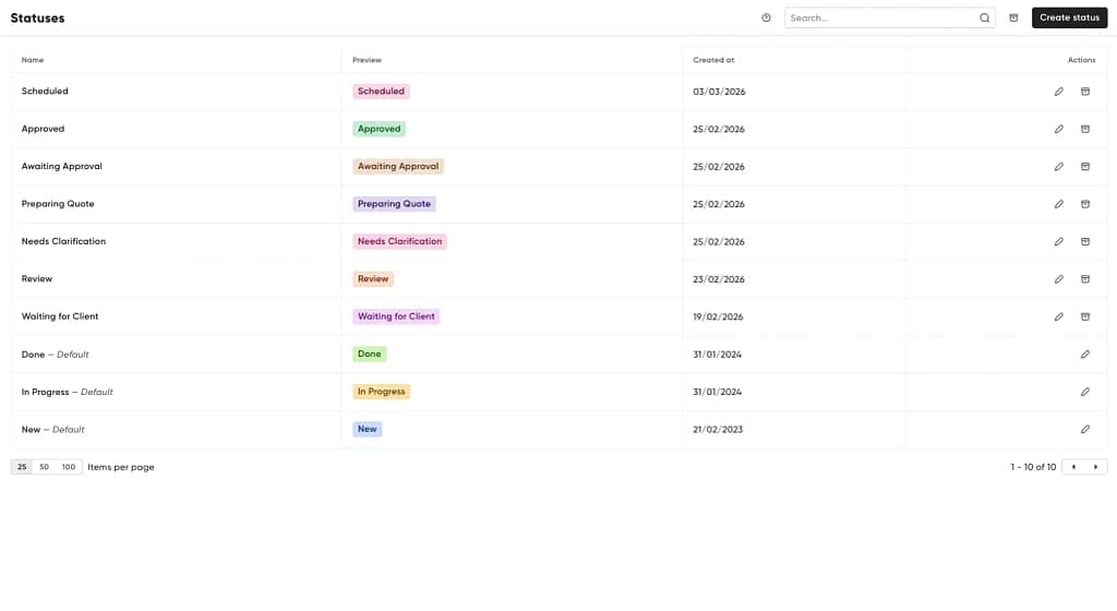 Status management menu in Zendo that allows user to customize statuses.