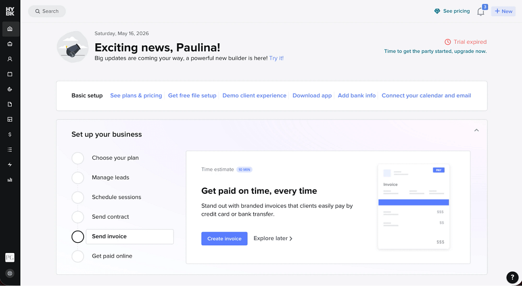honeybook main user dashboard