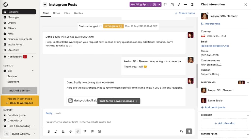 client conversation in Zendo portal