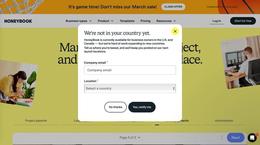altert informing that honeybook usage is limited to usa and canada