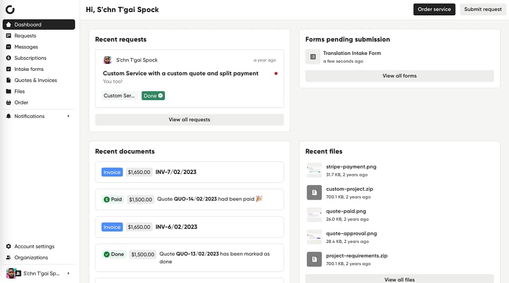 Client's dashboard in Zendo with quick access to recent requests, forms, documents, and files