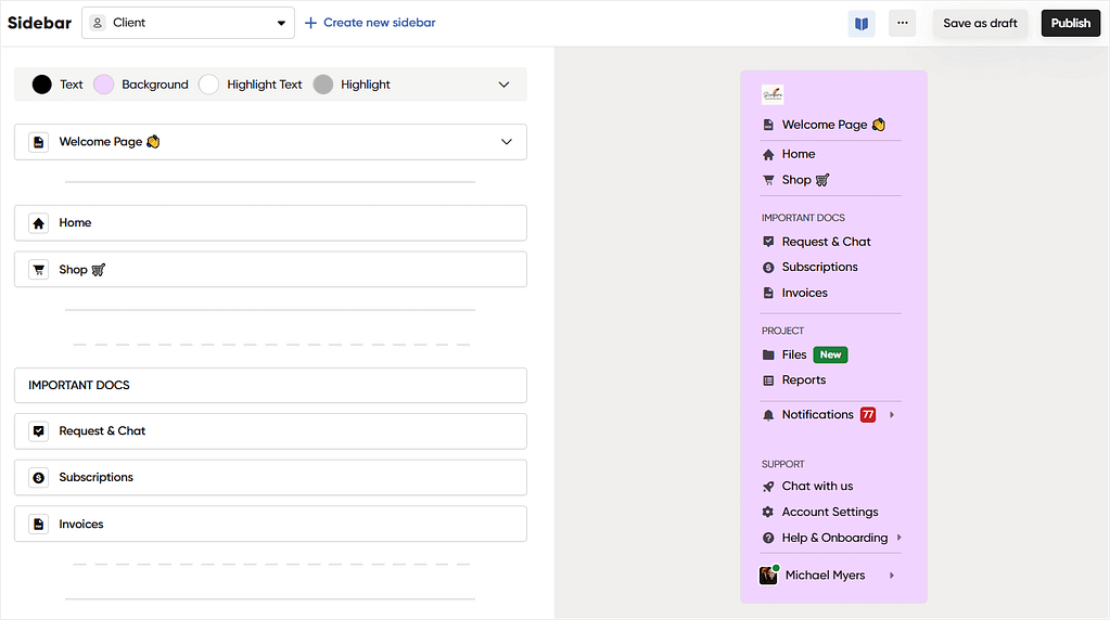 Zendo as a PayKickstart alternative offers the possibility to create a client portal for each of your customers separately, including the option to customize it with colors, headings, tabs, icons, and by embedding external applications