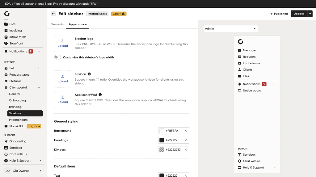 visibility and brand color settings for client portal sidebar