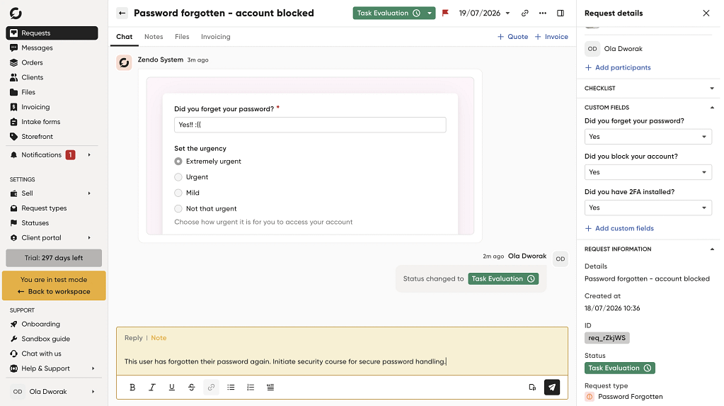 client communication via chat - settings in Zendo