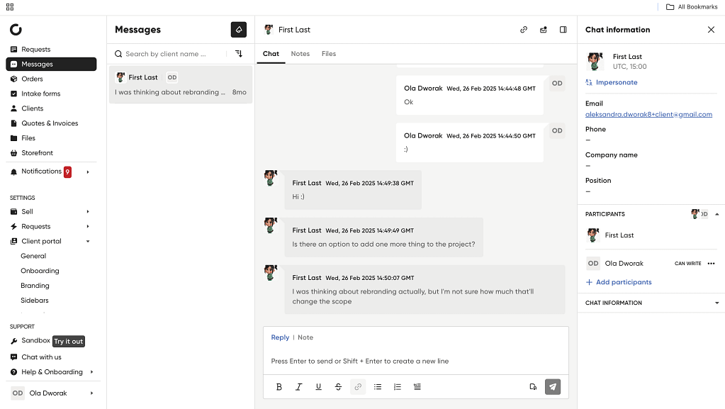 client communication in a portal via chat