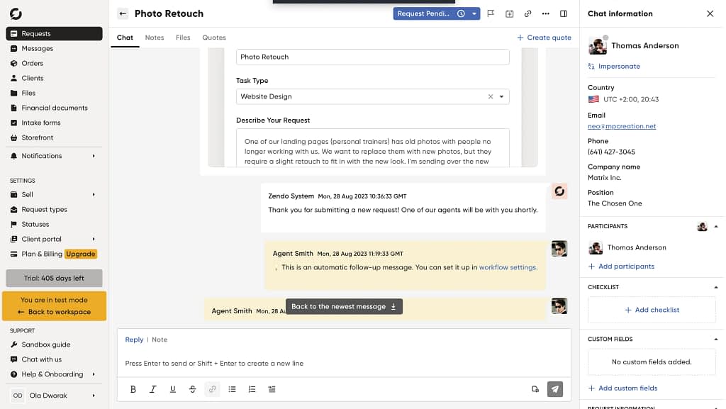 chat configuration in client portal