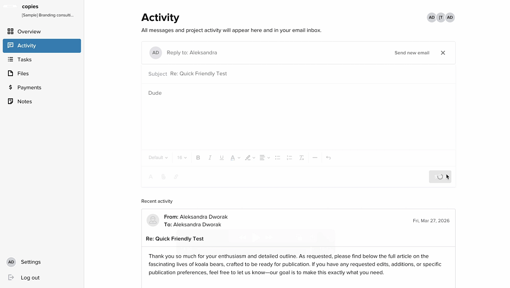 honeybook project activity panel