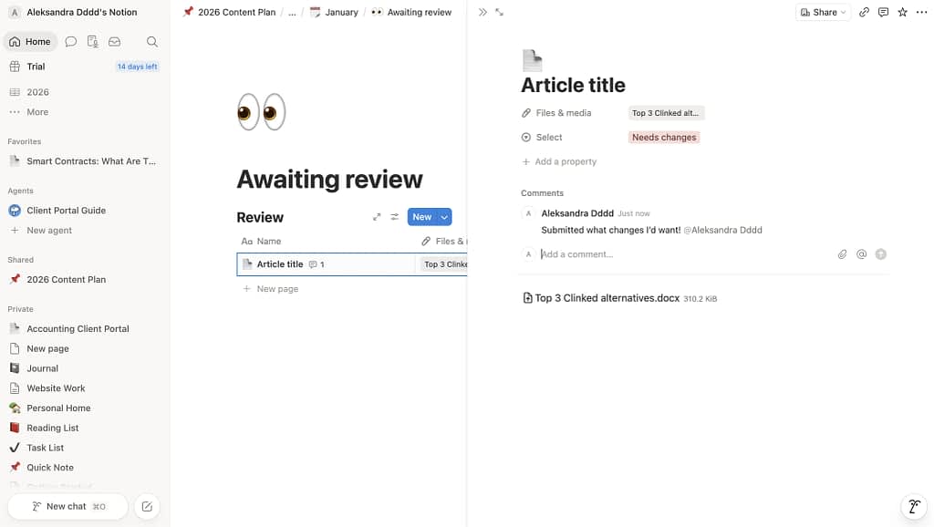 divided project screen in notion