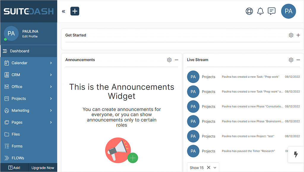 SuiteDash's main dashboard