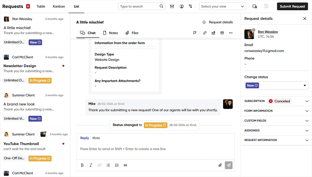 Real-time chat in Zendo allows for efficient client and team-based communication and real-time project or request updates