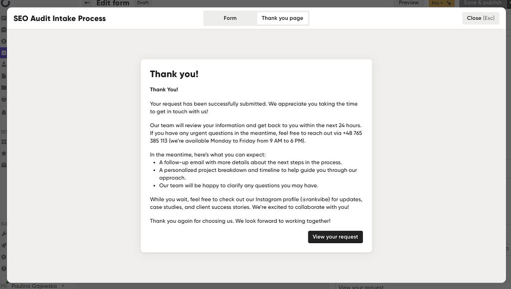 Preview of the thank-you page on Zendo