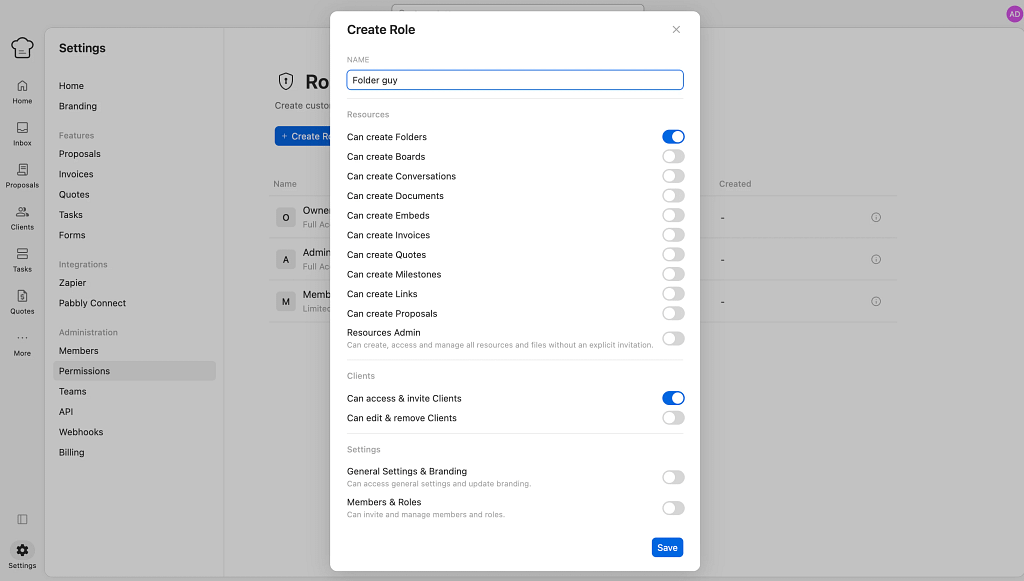 variety of customizable roles and permission in kitchen.co client portal