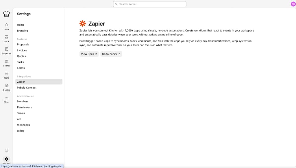 zapier integrations in kitchen client portal