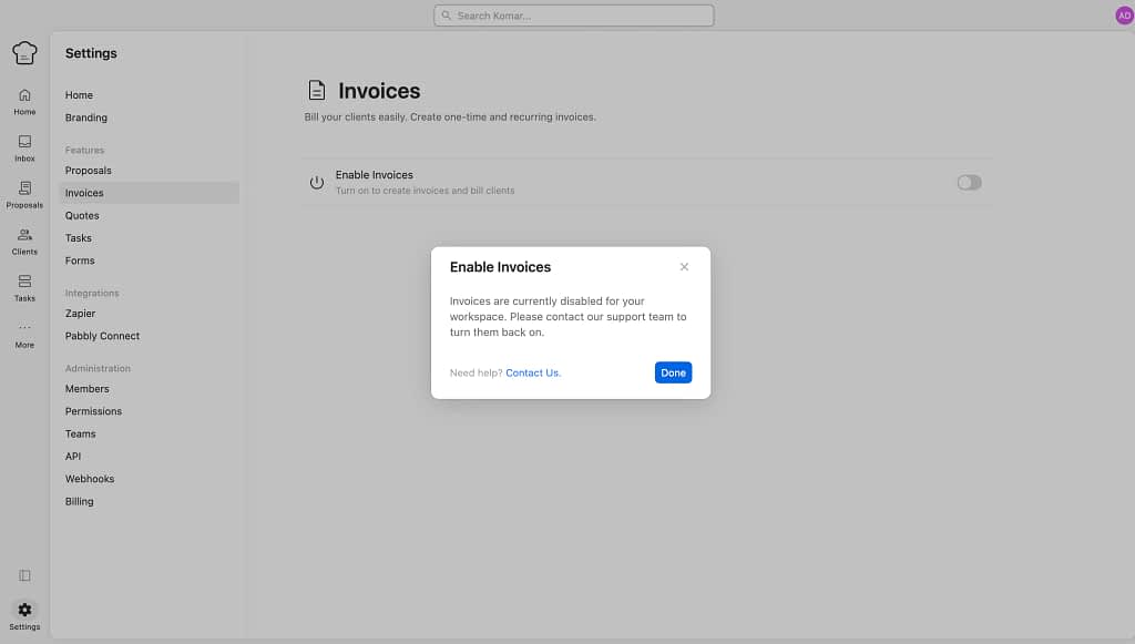 invoicing feature in kitchen.co