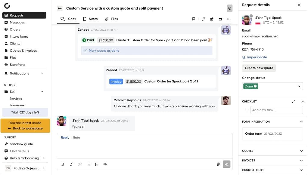 Screenshot of Zendo's chat with an active request